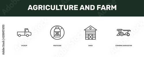 agriculture and farm icon set with pickup, pesticide, shed, combine harvester signs in flat outline style