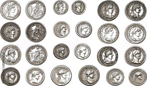 Bild auf Leinwand Ancient Roman Coin Icon Collection Featuring Vintage Silver Denarius and Imperia