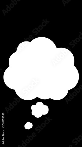 White flat thought bubble icon on black background.