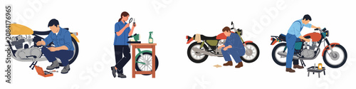 Photos Set of motorcycle mechanics repairing, inspecting, and cleaning motorbikes in a workshop, flat vector illustration isolated on white background