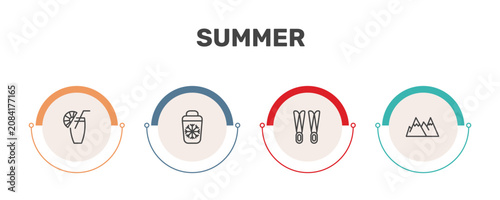 Fotografi summer icon set with lime juice, portable fridge, flippers, mountains signs in f