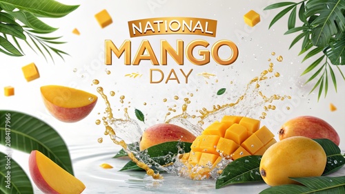 National Mango Day design with fresh mango splash and water droplets.
