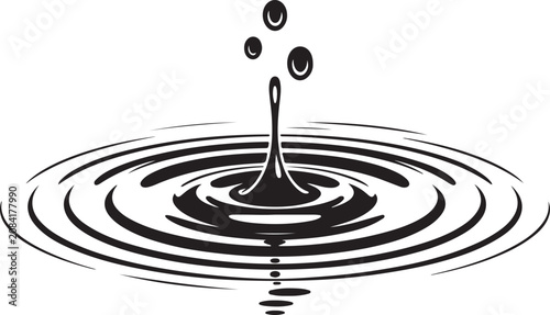 Black water drop splashing into surface creating ripples and concentric waves for fluid liquid motion in artistic visual style.
