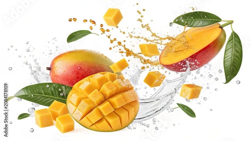 Dynamic mango fruit composition with juicy cubes and dripping water splash.

