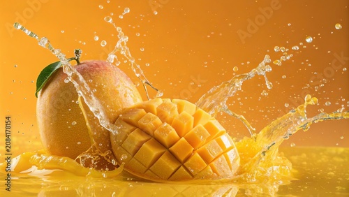 Ripe golden mango splashing with juice on vibrant orange background.
