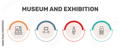 Foto museum and exhibition icon set with tour, exhibit, security guard, archivist sig