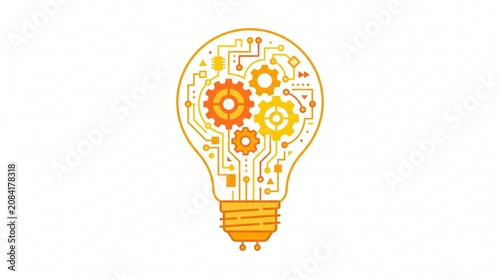 Innovative light bulb icon with gears, circuit board design, orange and yellow technology symbol, creative idea concept