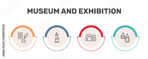 museum and exhibition icon set with poetry, venus de milo, photographic, acrylic signs in flat outline style