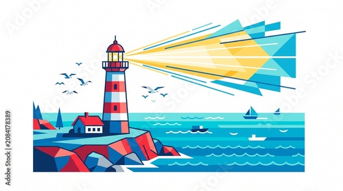 Vibrant lighthouse illustration, nautical graphic, colorful seascape, beacon light