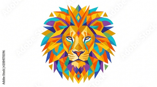 Vibrant lion head, colorful geometric art, abstract animal portrait, decorative illustration