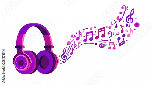 Purple headphones, musical notes, sound wave, music listening, audio equipment, colorful illustration