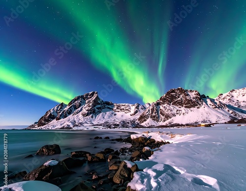 Northern lights dance over snow-capped mountains
