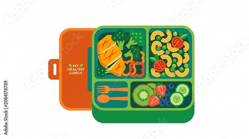 Colorful bento box with food, green and orange lunch container, kid's meal tray, divided plate