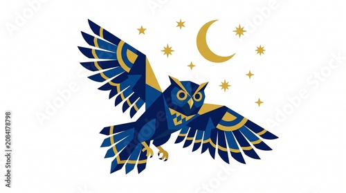 Midnight blue owl, gold accents, crescent moon, stars illustration, mystical symbol