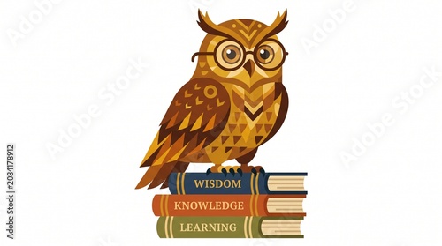 Owl perched on stack of books, wisdom knowledge learning, educational illustration, cartoon bird