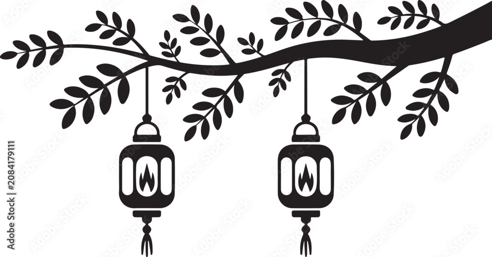 Naklejka premium Branch with leaves holding two hanging lanterns with glowing fire flames inside creating peaceful oriental atmosphere at night.