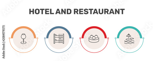 Foto hotel and restaurant icon set with wine glass, bunk, dim sum, beach signs in fla