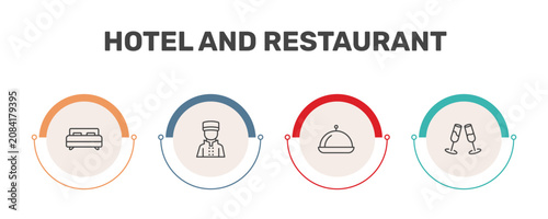 Fotografie hotel and restaurant icon set with beds, bellboy, restaurant tray, champagne sig