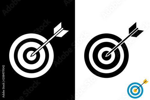 Flat illustration of a black and white target with a bullseye, hit by an arrow. Concept of goal, accuracy, achievement and success. Arrow hitting bullseye target in flat style.
