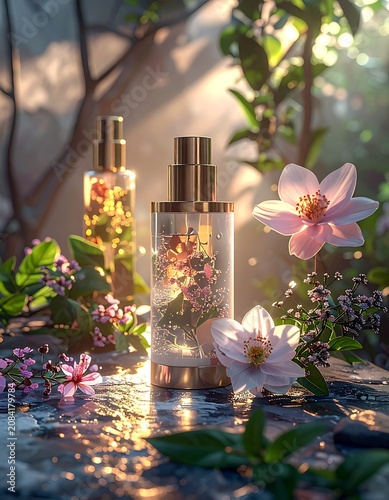 Two perfume bottles with flowers inside on a stone surface surrounded by greenery and pink flowers