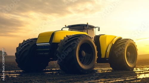 Powerful modern tractor in field at sunset large tires agricultural machinery