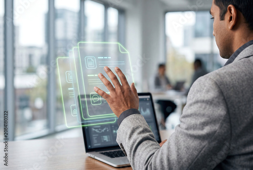 Over the shoulder view of a hand reaching toward holographic transparent document panels, version control and compliance document review concept