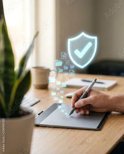 Hand holding a stylus above a digital tablet with holographic folder icons forming a shield checkmark stamp, secure document management concept