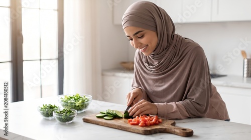 Smiling Muslim woman in hijab slicing fresh vegetables in a modern bright kitchen