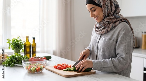 Smiling Muslim woman in hijab slicing fresh vegetables for healthy salad in bright kitchen