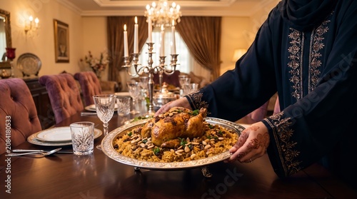 Muslim woman serving traditional roasted chicken and rice platter at a festive dinner table