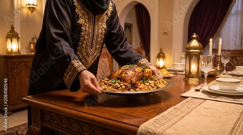 Woman serving traditional Middle Eastern chicken and rice dish during festive Ramadan dinner