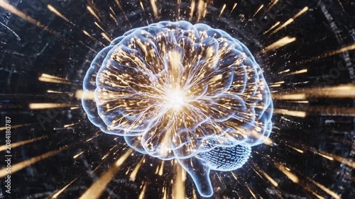 Human brain with glowing golden data stream wires.