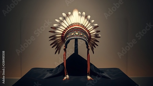 A traditional feathered and beaded headdress displayed on dark velvet cloth.