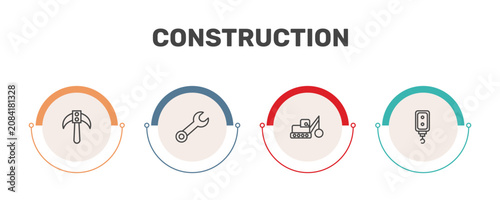 Foto construction icon set with inclined picker, round wrench, , pulley hook signs in