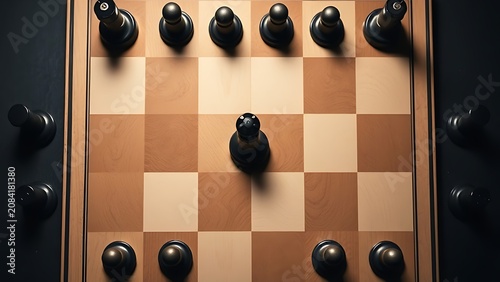 A chessboard missing its black king piece, minimalist top-down view with dramatic shadow.