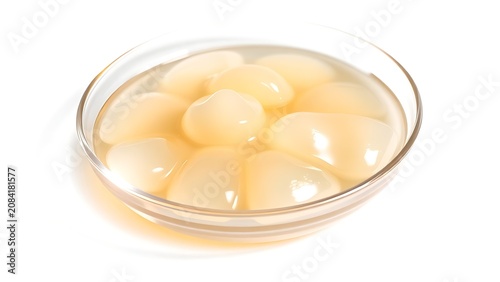 Translucent gel substance in glass dish with oily reflections.