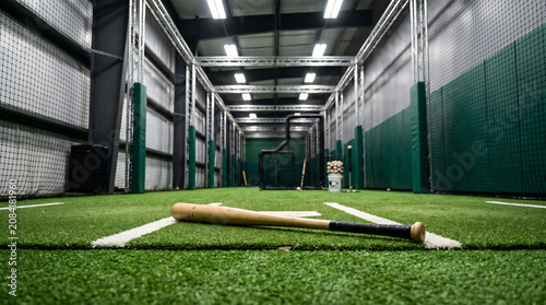 Professional baseball training center lane with artificial grass and batting practice equipment