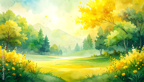Vibrant watercolor landscape painting of a sunny meadow filled with yellow wildflowers, lush green trees, and rolling hills under a bright sky