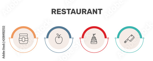 Foto restaurant icon set with mermelade jar, with skin, three levels cake, butcher kn