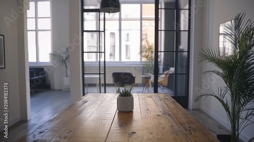 Rustic wooden table with succulent plant in modern interior