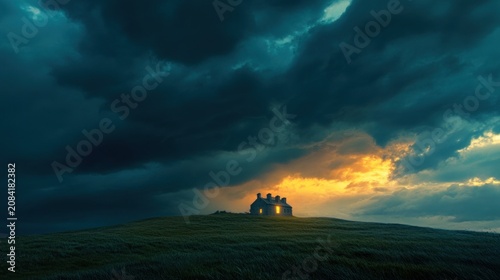 Isolated house on hill under dramatic sunset sky