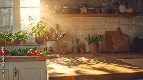 Sunlit kitchen counter with fresh vegetables and herbs