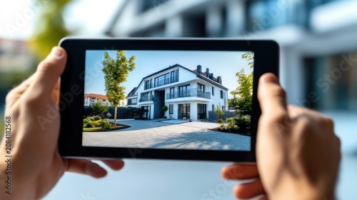Modern house exterior view on digital tablet screen