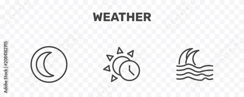 Fotografie weather icon set with waning moon, daytime, tsunami signs in flat outline style
