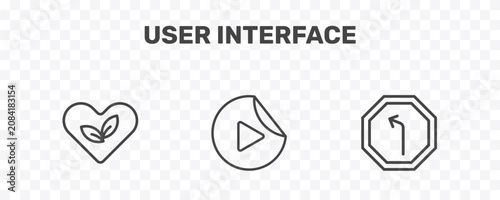 Foto user interface icon set with ecologic heart, video play, turn left only signs in