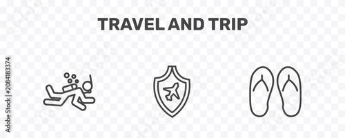 Photos travel and trip icon set with scuba diving, travel insurance, flip flop signs in