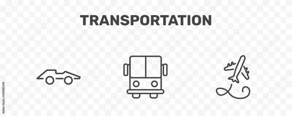 Fototapeta premium transportation icon set with formula 1, public transport, flying airplane signs in flat outline style