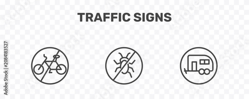 traffic signs icon set with no bicycle, no insects, caravan signs in flat outline style