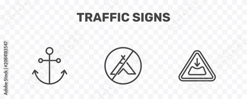 traffic signs icon set with port, no camping, pothole signs in flat outline style