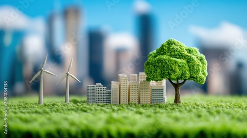 Sustainable city model with wind turbines and green tree
